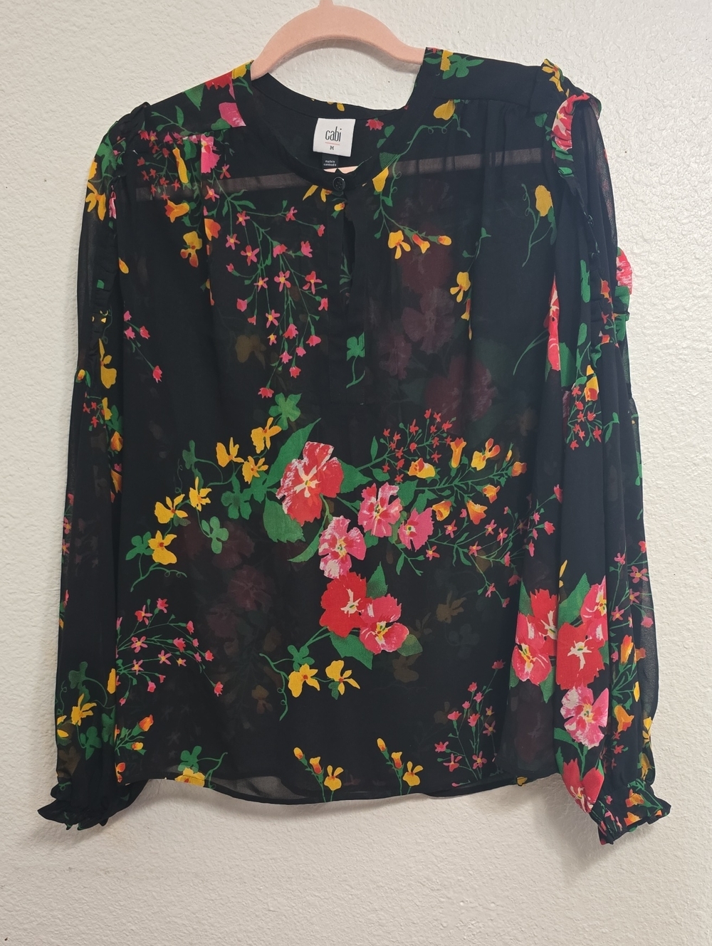 CAbi Black Sheer Floral Blouse — Pink, Yellow & Green Accents